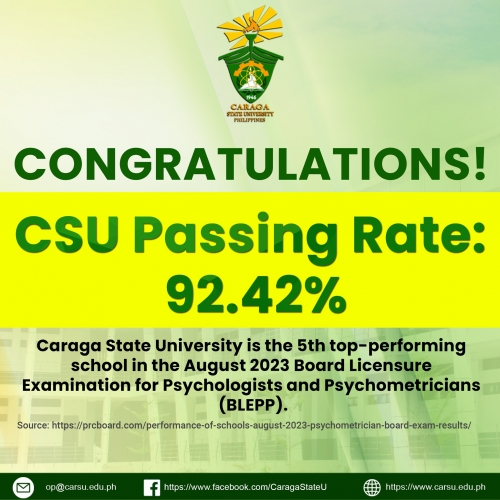 CSU hails as 5th top-performing school in the Philippines; 1st in Visayas and Mindanao in recent Board Examination for Psychometricians