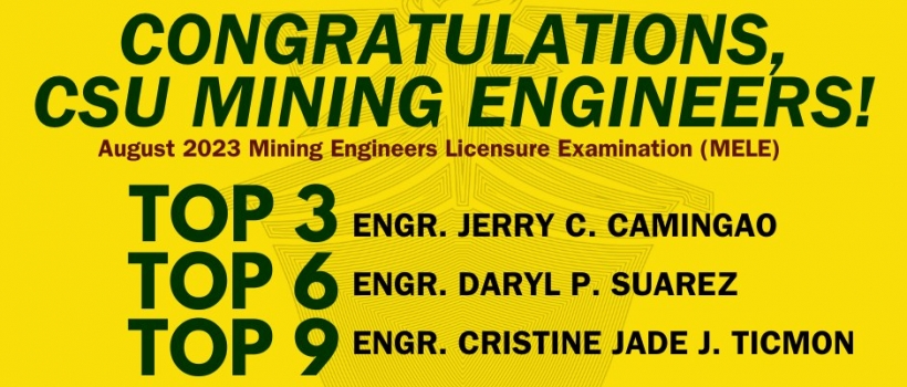 CSU clinches 3rd, 6th, and 9th spots in recent Mining Engineers Licensure Examination